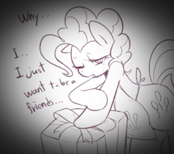 Size: 1000x887 | Tagged: safe, artist:maren, pinkie pie, earth pony, pony, g4, 2013, apron, clothes, crying, dialogue, doodle, engrish, female, leaning, looking at you, mare, old art, one eye closed, present, sad, solo