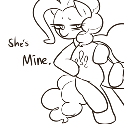 Size: 1000x1000 | Tagged: safe, artist:maren, pinkie pie, earth pony, pony, g4, 2014, butt grab, butt touch, dialogue, female, grope, lesbian, looking at you, mare, monochrome, old art, self paradox, selfcest, ship:piepie, shipping, smug, solo