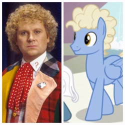 Size: 2880x2880 | Tagged: safe, chain letter (character), well-wisher, human, pegasus, pony, background pony, brooch, clothes, comparison, cravat, doctor who, frock coat, high res, jewelry, male, shirt, sixth doctor, stallion, waistcoat