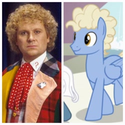 Size: 2880x2880 | Tagged: safe, chain letter (g4), human, pegasus, pony, g4, background pony, brooch, clothes, comparison, cravat, doctor who, fashion disaster, frock coat, high res, jewelry, male, shirt, sixth doctor, stallion, the explosion in a rainbow factory, waistcoat