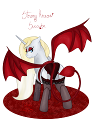 Size: 3000x4000 | Tagged: safe, artist:loopina, oc, oc:strong arrow, pony, succubus, unicorn, clothes, cosplay, costume, deying, female, garter belt, lingerie, mare, pocctober, poctober, ponysona, simple background, solo, transparent background