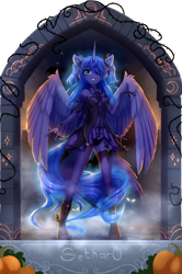 Size: 3250x4890 | Tagged: safe, artist:alrumoon_art, artist:setharu, princess luna, alicorn, anthro, unguligrade anthro, collaboration:nightmare night event (2022), g4, boots, bow, bra, breasts, clothes, collaboration, cosplay, costume, dress, eyepatch, female, fischl (genshin impact), genshin impact, gloves, glowing mane, hair over one eye, horn, nightmare night, pumpkin, reasonably sized breasts, shoes, simple background, small breasts, solo, transparent background, underwear, wings