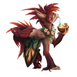 Size: 2052x2052 | Tagged: safe, artist:tiothebeetle, oc, oc only, griffon, series:the island transition, claws, coconut, coconut cup, drink, female, flower, food, fruit, high res, lei, resting, shield, simple background, solo, transparent background, unshorn fetlocks
