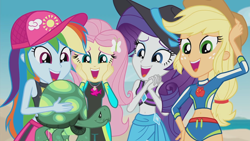 Size: 1920x1080 | Tagged: safe, screencap, applejack, fluttershy, rainbow dash, rarity, tank, human, tortoise, aww... baby turtles, equestria girls, g4, my little pony equestria girls: better together, 1080p, awww, beach, belly button, cap, clothes, cute, daaaaaaaaaaaw, dashabetes, female, hat, jackabetes, open mouth, raribetes, reaction image, sarong, shyabetes, sun hat, swimsuit, wetsuit