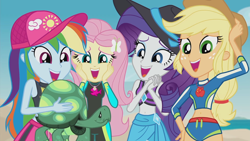 Size: 1920x1080 | Tagged: safe, screencap, applejack, fluttershy, rainbow dash, rarity, tank, human, tortoise, aww... baby turtles, equestria girls, g4, my little pony equestria girls: better together, 1080p, applejack's beach shorts swimsuit, applejack's hat, awww, beach, belly button, cap, clothes, cowboy hat, cute, daaaaaaaaaaaw, dashabetes, female, fluttershy's wetsuit, geode of fauna, geode of super strength, hat, jackabetes, magical geodes, open mouth, rainbow dash's beach shorts swimsuit, raribetes, rarity's blue sarong, rarity's purple bikini, reaction image, sarong, shyabetes, sun hat, swimsuit, wetsuit