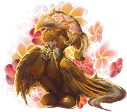 Size: 577x510 | Tagged: safe, artist:tiothebeetle, oc, oc only, oc:coffee creme, bird, fletchling, pegasus, pony, series:the island transition, female, floral head wreath, flower, glasses, hug, lei, lowres, painting, plumeria (flower), pokémon, simple background, smiling, solo, transparent background