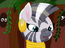 Size: 2048x1536 | Tagged: safe, artist:php176, derpibooru exclusive, zecora, zebra, g4, cute, digital art, ear piercing, female, forest, happy, hole, hollow in tree, jewelry, lineless, looking at you, mare, neck rings, open mouth, piercing, plant, shading, smiling, solo, tree, vine, wingding eyes