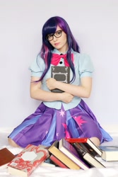 Size: 1365x2048 | Tagged: safe, twilight sparkle, human, equestria girls, g4, book, clothes, cosplay, costume, glasses, irl, irl human, photo, solo
