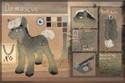 Size: 1208x800 | Tagged: safe, artist:tiothebeetle, oc, oc only, oc:damascus cut'n dry, broken nose, bullet, chains, cutie mark, food, injured, jewelry, knife, lemon, male, muscles, necklace, reference sheet, scar, solo, white hair