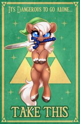 Size: 3300x5100 | Tagged: safe, artist:confetticakez, earth pony, pony, cute, epona, eponadorable, epony, female, hat, it's dangerous to go alone, looking at you, mare, markings, master sword, mouth hold, ponified, solo, sword, the legend of zelda, unshorn fetlocks, weapon