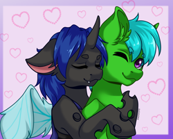 Size: 2700x2160 | Tagged: safe, artist:kooky, oc, oc:green byte, oc:swift dawn, changeling, pony, unicorn, changeling oc, commission, cute, duo, ear fluff, eye clipping through hair, eyebrows, eyebrows visible through hair, eyes closed, fangs, heart, high res, horn, hug, looking at you, male, one eye closed, pink background, simple background, smiling, stallion, unicorn oc, wings, wink, winking at you, ych result
