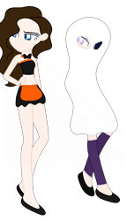 Size: 2785x4832 | Tagged: safe, artist:stryapastylebases, artist:yeetmedownthestairs, oc, oc only, oc:krissy, oc:trix, ghost, human, undead, bedsheet ghost, bowtie, clothes, commission, costume, dress, duo, female, flats, halloween, halloween costume, holiday, humanized, humanized oc, maid, pants, shoes, simple background, skirt, socks, transparent background