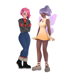 Size: 2000x2000 | Tagged: safe, artist:laianeart, oc, oc only, oc:iris breeze, oc:lilac, fairy, human, bare shoulders, blushing, boots, clothes, cold, cosplay, costume, dark skin, dress, duo, female, flats, gloves, gritted teeth, halloween, halloween costume, high res, holiday, humanized, humanized oc, jacket, lesbian, looking at each other, looking at someone, male, marvel, oc x oc, shipping, shivering, shoes, simple background, sleeveless, spider-man, teeth, transparent background