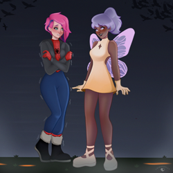 Size: 2000x2000 | Tagged: safe, artist:laianeart, oc, oc only, oc:iris breeze, oc:lilac, bird, fairy, human, blushing, boots, clothes, cold, cosplay, costume, dark skin, dress, duo, female, flats, gloves, grass, gritted teeth, halloween, halloween costume, high res, holiday, humanized, humanized oc, jacket, lesbian, looking at each other, looking at someone, male, marvel, night, oc x oc, road, shipping, shivering, shoes, spider-man, teeth