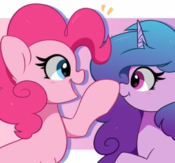 Size: 1904x1773 | Tagged: safe, artist:kittyrosie, izzy moonbow, pinkie pie, earth pony, pony, unicorn, g4, g5, blushing, boop, curly hair, cute, diapinkes, duo, female, izzy and her heroine, izzybetes, looking at each other, looking at someone, mare, open mouth