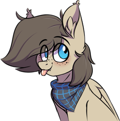 Size: 665x670 | Tagged: safe, artist:notetaker, oc, oc only, oc:snaggletooth, pegasus, pony, :p, blushing, eye clipping through hair, eyebrows, eyebrows visible through hair, freckles, simple background, solo, tongue out, transparent background