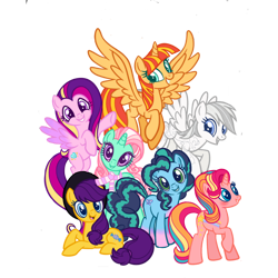 Size: 2048x2048 | Tagged: safe, artist:vernorexia, applejack, bon bon (g1), fluttershy, minty, misty brightdawn, pinkie pie, princess cadance, princess silver swirl, rainbow dash, rarity, starlight glimmer, stripes (g1), sunset shimmer, twilight sparkle, alicorn, earth pony, human, pegasus, pony, unicorn, equestria girls, g1, g2, g3, g4, g5, my little pony tales, my little pony: a new generation, my little pony: make your mark, alicornified, blushing, body markings, challenge, coloring page, curly hair, cute, earth pony misty, female, flying, hat, high res, mane six, mintabetes, multicolored hair, pegasus cadance, pegasus silver swirl, race swap, rainbow curl pony, recolor, shimmercorn, simple background, stars, sun hat, transparent background, unicorn minty, unicorn stripes, unicornified