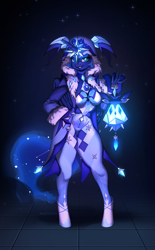 Size: 1181x1903 | Tagged: safe, artist:sugarstar, princess luna, anthro, unguligrade anthro, collaboration:nightmare night event (2022), g4, breasts, clothes, collaboration, cosplay, costume, fatui cryo cicin mage (genshin impact), female, genshin impact, horn, looking at you, smiling, solo, wings