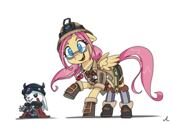 Size: 5400x3905 | Tagged: safe, artist:docwario, angel bunny, fluttershy, pegasus, pony, rabbit, g4, animal, anime, boots, clothes, cosplay, costume, crossover, cute, female, fluttober, glasses, gloves, helmet, made in abyss, mare, reg (made in abyss), riko, shirt, shoes, shorts, shyabetes, simple background, socks, solo, stockings, t-shirt, thigh highs, white background
