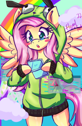 Size: 2650x4096 | Tagged: safe, artist:floralshitpost, fluttershy, pegasus, pony, antonymph, cutiemarks (and the things that bind us), vylet pony, g4, bipedal, blushing, clothes, cloud, colorful, error, female, fluttgirshy, gir, glitch, heart, heart eyes, high res, invader zim, jacket, nintendo, nintendo ds, open mouth, rainbow, rawr, solo, spread wings, text box, wingding eyes, wings, xd
