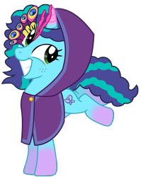 Size: 5445x6841 | Tagged: safe, artist:ejlightning007arts, misty brightdawn, pony, unicorn, g4, g5, my little pony: tell your tale, nightmare night party, spoiler:g5, spoiler:my little pony: tell your tale, spoiler:tyts01e30, base used, cloak, clothes, coat markings, costume, dancing, fake cutie mark, female, freckles, g5 to g4, generation leap, leaping, looking up, mare, mask, nightmare night, nightmare night costume, on front legs, simple background, smiling, socks (coat markings), solo, transparent background