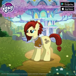 Size: 720x720 | Tagged: safe, gameloft, idw, steela oresdotter, earth pony, pony, g4, braid, braided tail, clothes, female, idw showified, mare, mighty helm, scar, solo, tail, tree, treehouse of harmony, triskelion