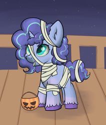 Size: 2200x2600 | Tagged: safe, artist:dumbwoofer, misty brightdawn, pony, unicorn, g4, g5, clothes, costume, cute, ear fluff, female, filly, filly misty brightdawn, foal, g5 to g4, generation leap, grin, halloween, halloween costume, high res, holiday, jack-o-lantern, mistybetes, mummy, night, nightmare night, nightmare night costume, pumpkin, simple background, sky, smiling, solo, younger