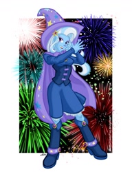 Size: 1000x1300 | Tagged: safe, artist:texasuberalles, trixie, human, equestria girls, g4, my little pony equestria girls: rainbow rocks, boots, breasts, cape, clothes, corset, female, fireworks, hat, looking at you, shoes, skirt, smiling, solo, tricks up my sleeve