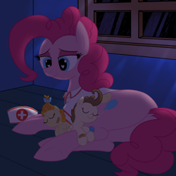 Size: 2500x2500 | Tagged: safe, artist:legendoflink, pinkie pie, pound cake, pumpkin cake, earth pony, pegasus, pony, unicorn, g4, baby, baby pony, balloonbutt, bandaid, brother and sister, butt, cake twins, candy, cute, diapinkes, dock, female, foal, foalsitting, food, heart, heart eyes, high res, lollipop, lying down, male, mare, night, nurse, nurse outfit, pinktober, plot, prone, rain, siblings, sleeping, smiling, sucker, tail, trio, twins, wingding eyes