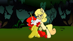 Size: 1333x750 | Tagged: safe, artist:90sigma, artist:dingdingxu377, oc, oc:shallow light, earth pony, pony, unicorn, arm behind back, bipedal, bondage, chest fluff, duo, encasement, everfree forest, kneeling, licking, licking lips, magic suppression, slime, sticky, tongue out