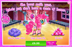 Size: 1961x1298 | Tagged: safe, gameloft, pinkie pie, earth pony, pony, robot, robot pony, g4, advertisement, antennae, barn, camera, costs real money, english, female, gem, introduction card, magic coins, mare, numbers, pinkie bot, roboticization, sale, solo, text