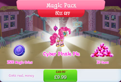 Size: 1268x860 | Tagged: safe, gameloft, pinkie pie, earth pony, pony, robot, robot pony, g4, antennae, barn, bundle, camera, costs real money, english, female, gem, magic coins, magic pack, mare, numbers, pinkie bot, roboticization, sale, solo, text