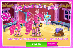 Size: 1960x1300 | Tagged: safe, gameloft, pinkie pie, earth pony, pony, robot, robot pony, g4, advertisement, antennae, barn, camera, costs real money, duality, english, female, gem, height difference, magic coins, mare, numbers, pinkie bot, roboticization, sale, solo, text