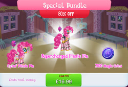 Size: 1263x860 | Tagged: safe, gameloft, pinkie pie, earth pony, pony, robot, robot pony, g4, antennae, barn, bundle, camera, costs real money, duality, english, female, gem, height difference, magic coins, mare, numbers, pinkie bot, roboticization, sale, solo, special bundle, text