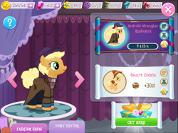 Size: 2048x1536 | Tagged: safe, gameloft, applejack, smart cookie, earth pony, pony, g4, 3d, 3d model, alternate hairstyle, clothes, coin, female, gem, hat, mare, puffy sleeves, short mane, short tail, tail