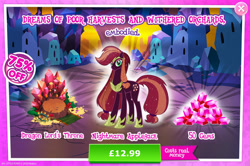 Size: 1958x1297 | Tagged: safe, gameloft, applejack, earth pony, pony, g4, my little pony: magic princess, advertisement, armor, bush, costs real money, crystal empire, english, evil, female, gem, hair tie, hatless, hoof shoes, introduction card, jewelry, mare, missing accessory, mobile game, nightmare applejack, nightmarified, numbers, regalia, sale, solo, tail, tail wrap, text, throne