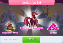 Size: 1264x856 | Tagged: safe, gameloft, applejack, earth pony, pony, g4, my little pony: magic princess, armor, bundle, bush, costs real money, crystal empire, english, evil, exclusive set, female, gem, hair tie, hatless, hoof shoes, jewelry, mare, missing accessory, mobile game, nightmare applejack, nightmarified, numbers, regalia, sale, solo, tail, tail wrap, text, throne