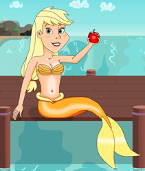 Size: 1426x1688 | Tagged: safe, artist:ocean lover, applejack, human, mermaid, g4, apple, bare shoulders, beach, beautiful, belly button, blonde, blonde hair, bra, breasts, cleavage, cloud, curvy, disney style, female, fins, fish tail, food, freckles, fruit, green eyes, hand, hill, hourglass figure, human coloration, humanized, land, lips, looking at you, mermaid tail, mermaidized, midriff, ocean, orange tail, outdoors, pier, sand, seashell bra, sitting, sky, smiling, smiling at you, solo, species swap, tail, tail fin, teeth, tree, water, wave, wet, wet tail, wood, wooden floor