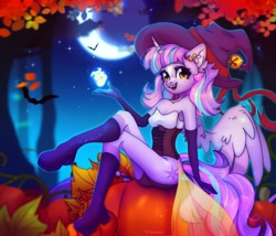 Size: 4096x3498 | Tagged: safe, artist:radioaxi, oc, oc only, alicorn, anthro, alicorn oc, ass, butt, clothes, corset, female, hat, horn, leaf, leaves, moon, not twilight sparkle, pumpkin, sitting, solo, tree, wings, witch hat