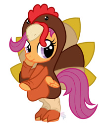 Size: 815x981 | Tagged: safe, artist:ponykittenboi, scootaloo, pegasus, pony, g4, cute, cutealoo, scootachicken, simple background, smiling, solo, standing on two hooves, turkey costume, white background