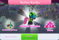 Size: 1266x858 | Tagged: safe, gameloft, scootaloo, pegasus, pony, g4, barn, besties bundle, bundle, child, clothes, costs real money, english, female, filly, flameless fireworks, foal, folded wings, gem, helmet, mare, numbers, pint-sized dynamite, sale, small wings, solo, text, the washouts, uniform, washouts uniform, wings