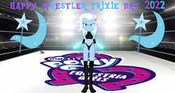 Size: 3330x1785 | Tagged: safe, artist:invisibleink, artist:xjkenny, trixie, human, equestria girls, g4, belly button, breasts, clothes, elbow pads, female, knee pads, shoes, solo, sports, sports bra, sports panties, trixie day, wrestler, wrestling, wrestling ring