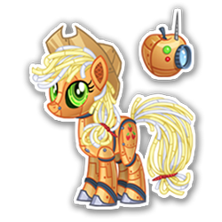 Size: 270x270 | Tagged: safe, gameloft, applejack, earth pony, pony, robot, robot pony, g4, applebot, elegant, female, mare, mobile game, roboticization, simple background, solo, spread wings, text, transparent background, wings