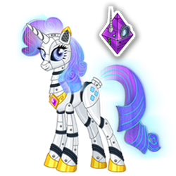 Size: 270x270 | Tagged: safe, gameloft, rarity, pony, robot, robot pony, unicorn, g4, elegant, female, mare, mobile game, raribot, roboticization, simple background, solo, spread wings, supercharged rarity, text, transparent background, wings
