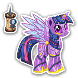 Size: 270x270 | Tagged: artist needed, safe, gameloft, twilight sparkle, alicorn, gynoid, pony, robot, robot pony, g4, elegant, female, mare, mobile game, roboticization, simple background, solo, spread wings, text, transparent background, twibot, twilight sparkle (alicorn), wings