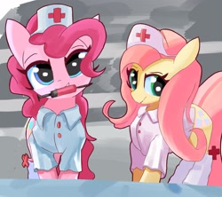 Size: 3273x2912 | Tagged: safe, artist:solid shrimp, fluttershy, pinkie pie, earth pony, pegasus, pony, g4, clothes, duo, female, hat, high res, mare, mouth hold, nurse, nurse outfit, pinktober, socks, syringe