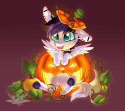 Size: 1920x1712 | Tagged: safe, artist:doekitty, oc, oc only, pegasus, pony, chibi, female, freckles, halloween, holiday, jack-o-lantern, mare, one ear down, pumpkin, solo
