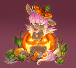 Size: 1920x1712 | Tagged: safe, artist:doekitty, oc, oc only, pegasus, pony, :p, chibi, eye clipping through hair, female, halloween, holiday, jack-o-lantern, mare, one ear down, pumpkin, solo, tongue out