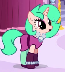 Size: 582x644 | Tagged: safe, edit, pony, unicorn, brawl stars, brawler, clothes, collar, cute, diamond, dress, eyeshadow, green hair, happy, lipstick, lola, lola (brawl stars), makeup, outfit, ponified, smiling, supercell