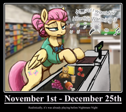 Size: 2980x2652 | Tagged: safe, artist:phutashi, fluttershy, pegasus, pony, g4, all i want for christmas is you, alternate hairstyle, apple, bipedal, bipedal leaning, book, bowtie, bubble tea, christmas, christmas music, counter, drink, emoji, female, fluttershy is not amused, food, grammar error, grapes, grocery store, hearth's warming, high res, holiday, holiday music, leaning, lidded eyes, mare, mariah carey, meat, microphone, music, music notes, piano keys, plushie, solo, strawberry, teddy bear, unamused